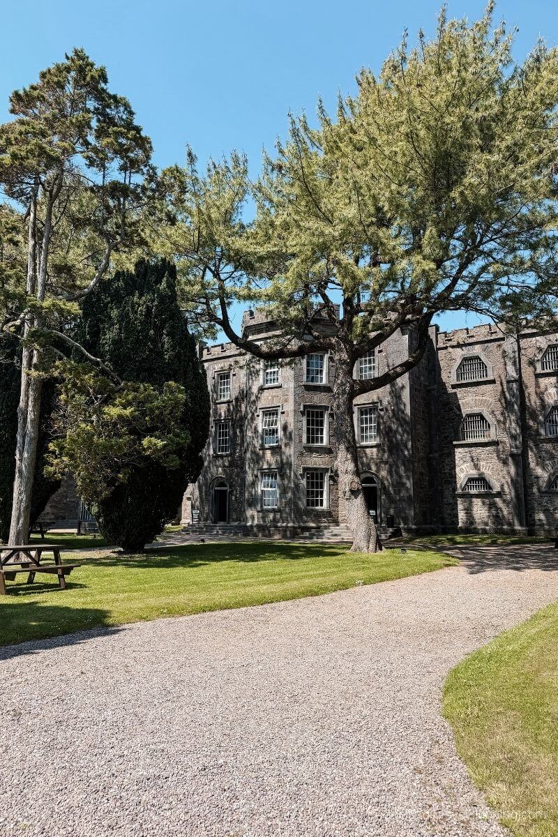 Old stone building with arched windows, trees, and picnic table in Cork City