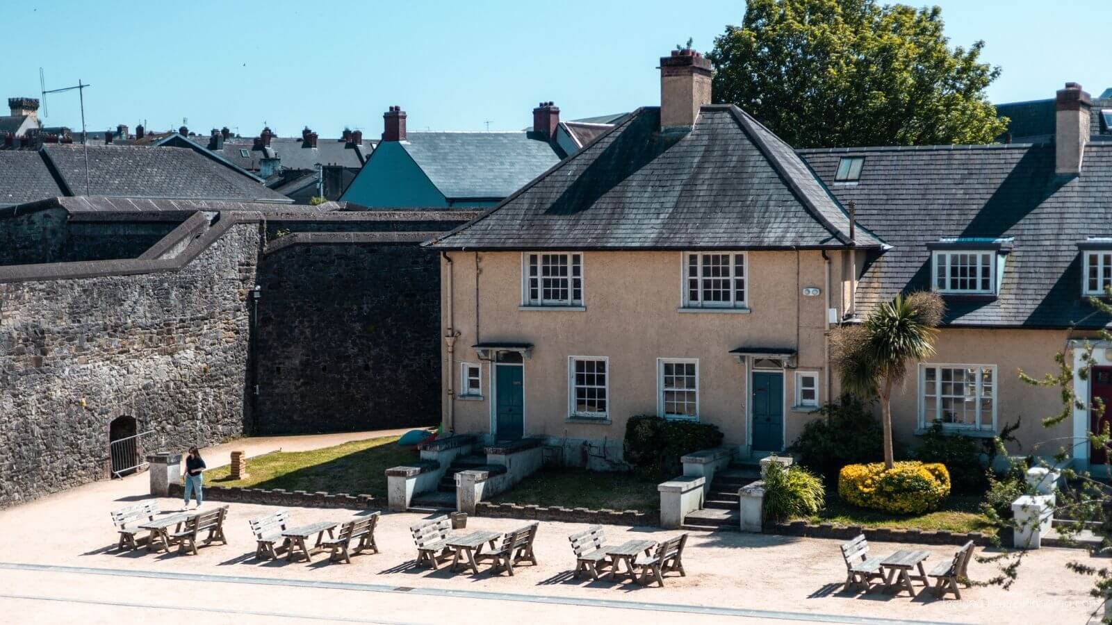 Historic buildings and outdoor seating area at Elizabeth Fort, Cork City