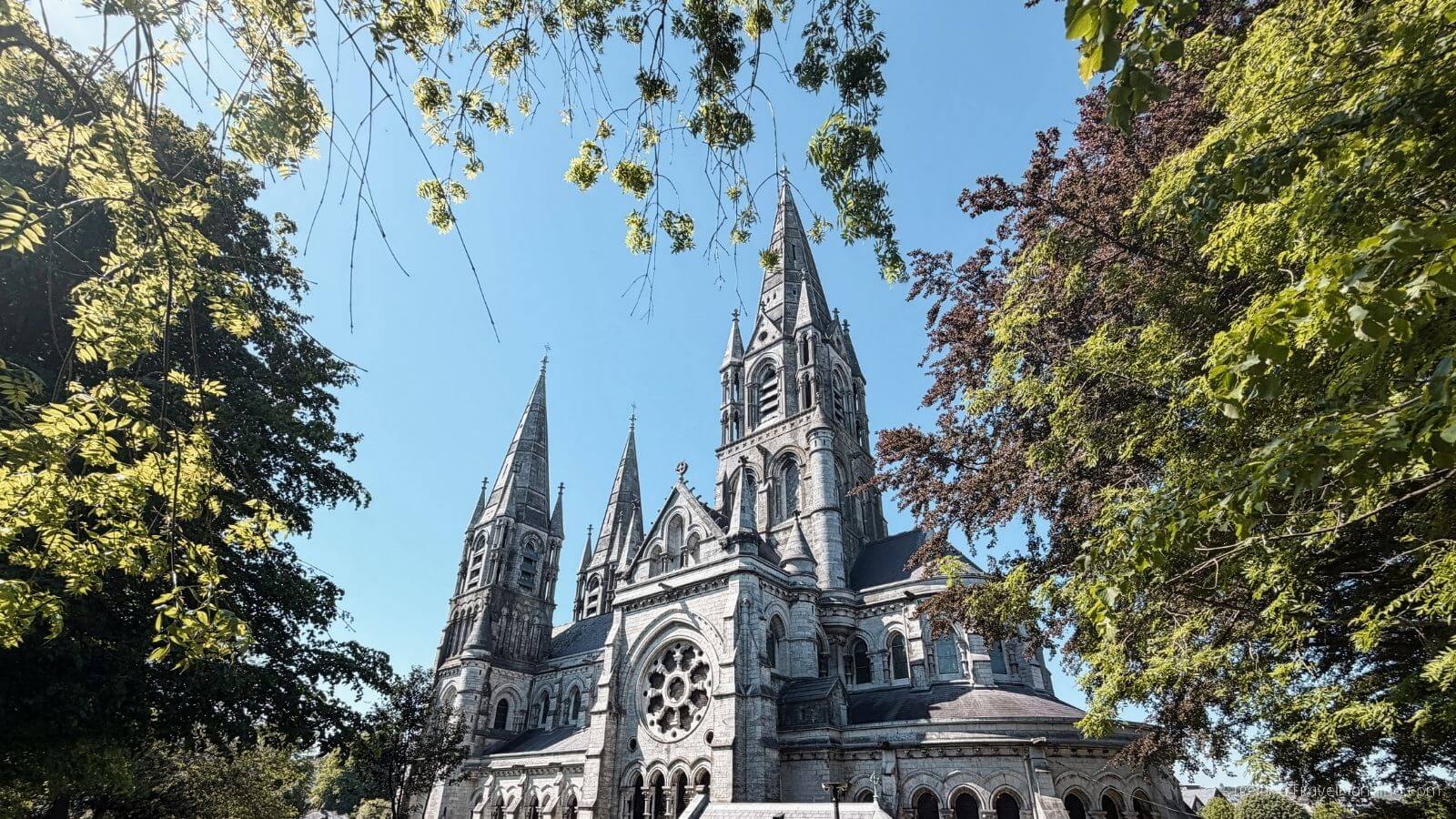 Ancient stone cathedral with two spires and a large round window, surrounded by lush green trees