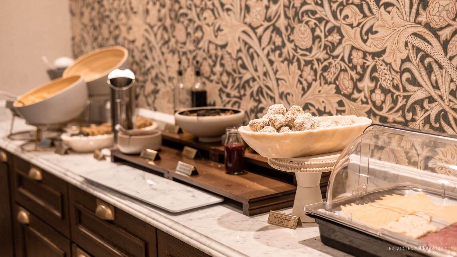 Breakfast buffet in Cork City hotel with protein balls and cheese