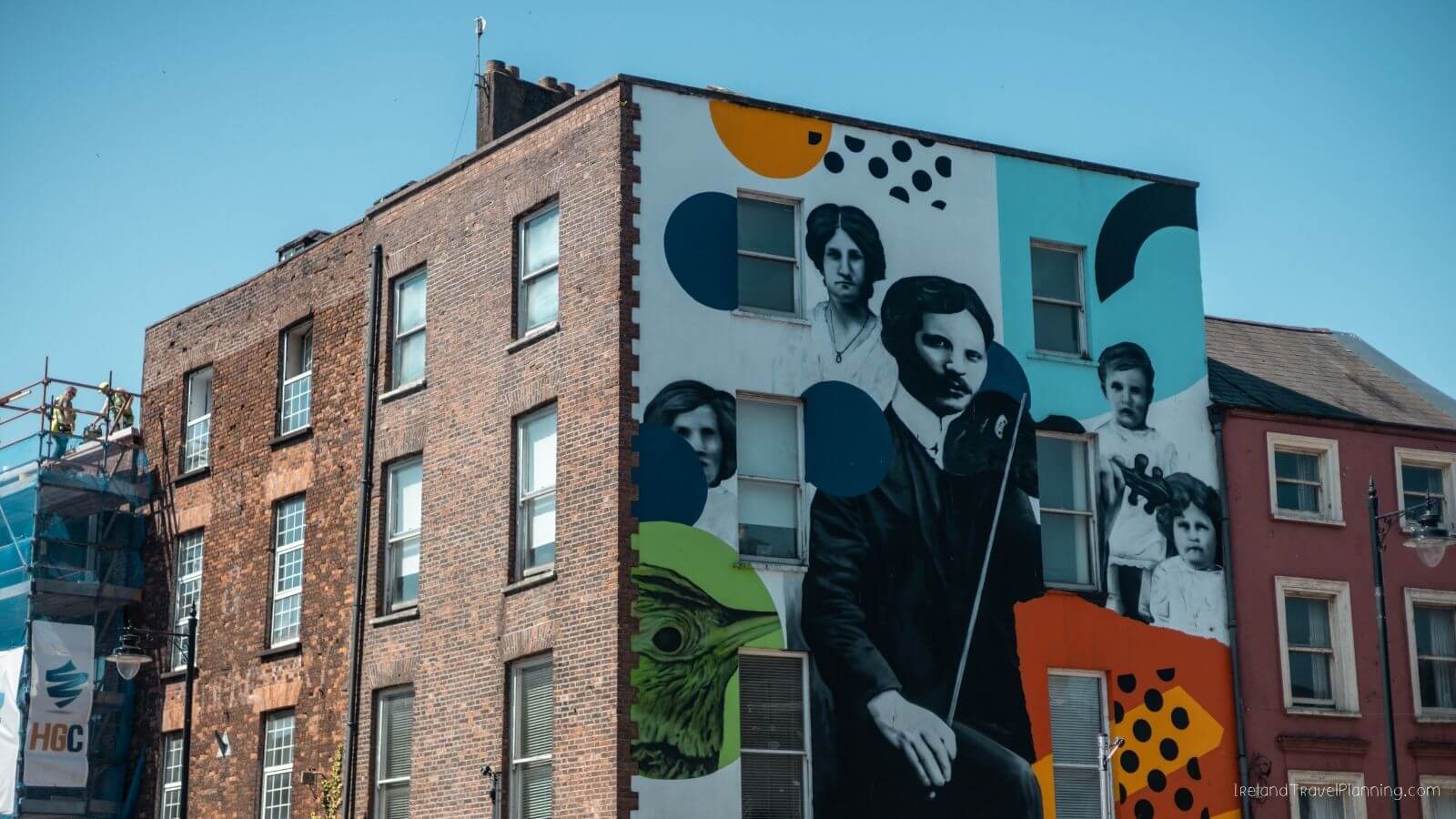 Mural on a Cork City building featuring historical figures and abstract shapes