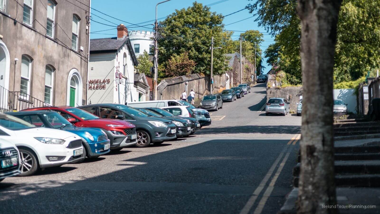 Street view in Cork City with cars parked and buildings