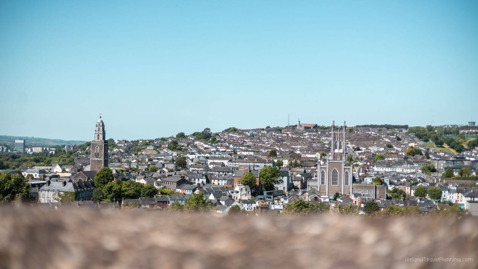 Cork City skyline view with spires under a blue sky, things to do