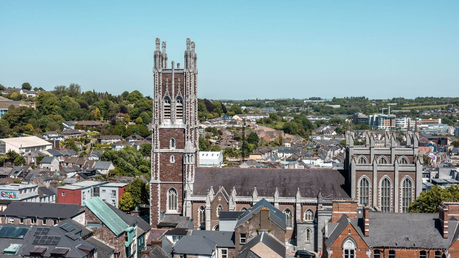 St. Fin Barre's Cathedral in Cork City, Ireland, with its distinctive tower and Gothic architecture.