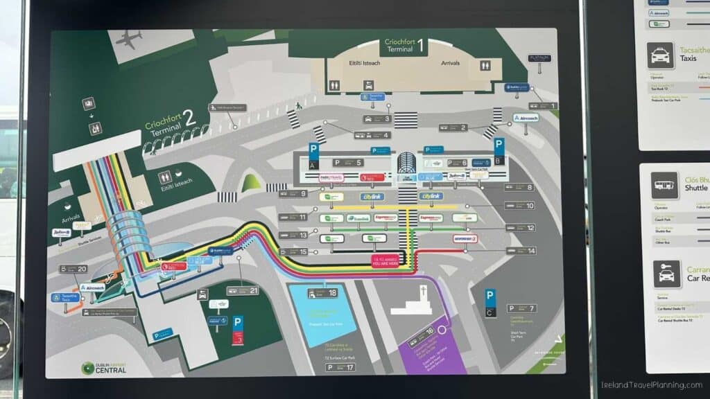 Dublin Airport map showing Terminals 1 & 2, arrivals, departures, and transport options.