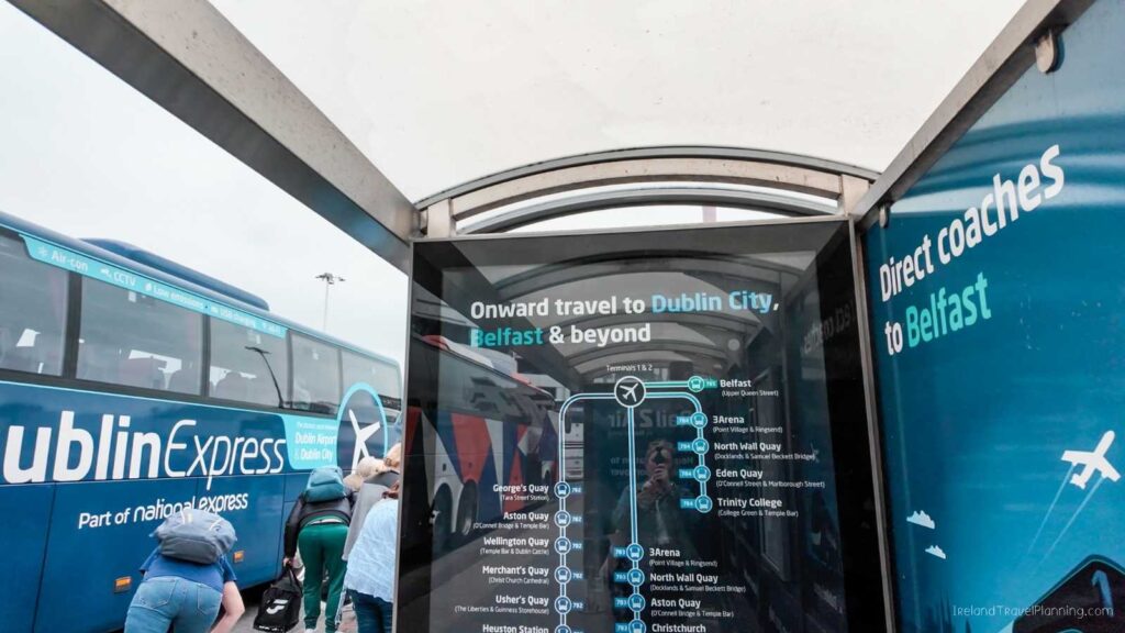 Dublin Express bus and coach information board for travel to Belfast and Dublin city