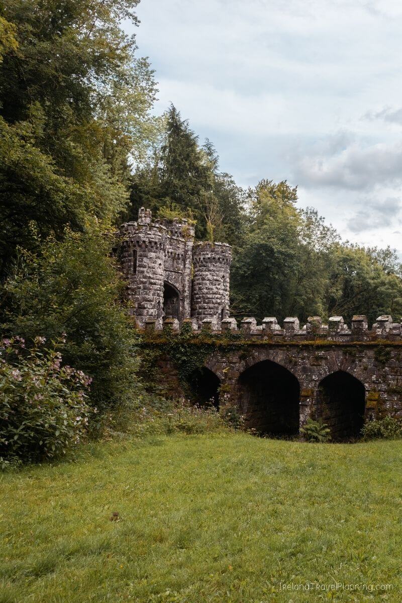 Stone castle ruins and bridge in a lush Irish forest, a hidden gem.