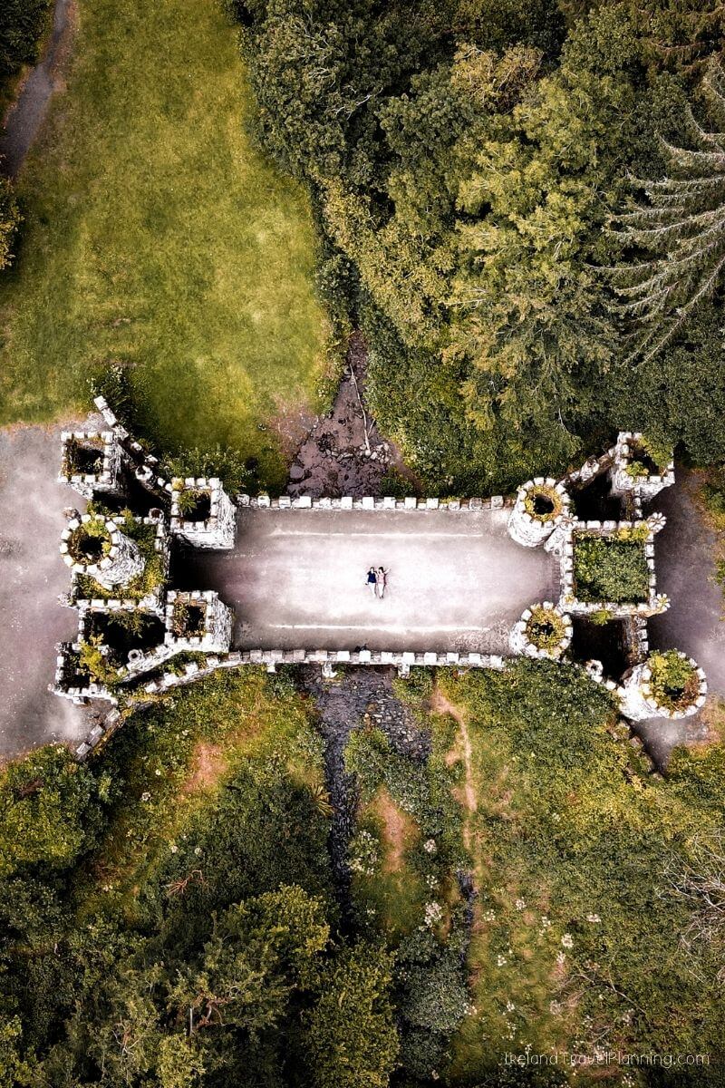 Aerial view of the unique "castle bridge" at Glenveagh National Park, Ireland, a hidden gem.