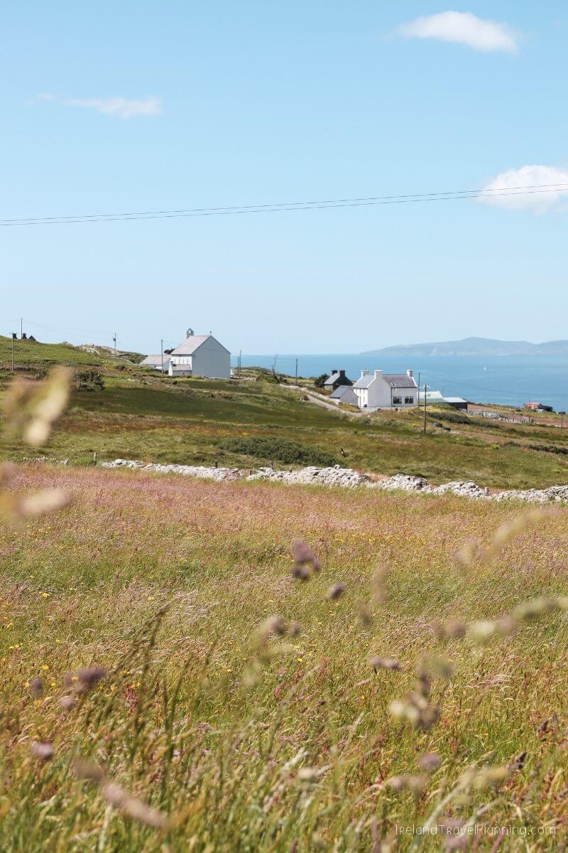 White houses on a grassy hillside overlooking the sea in Ireland