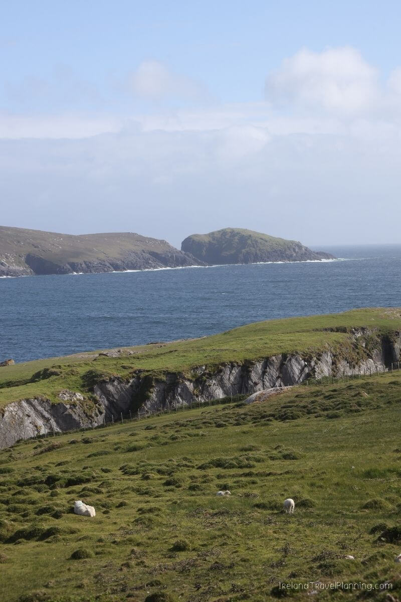 Rolling green hills and rugged coastline in Ireland with distant islands