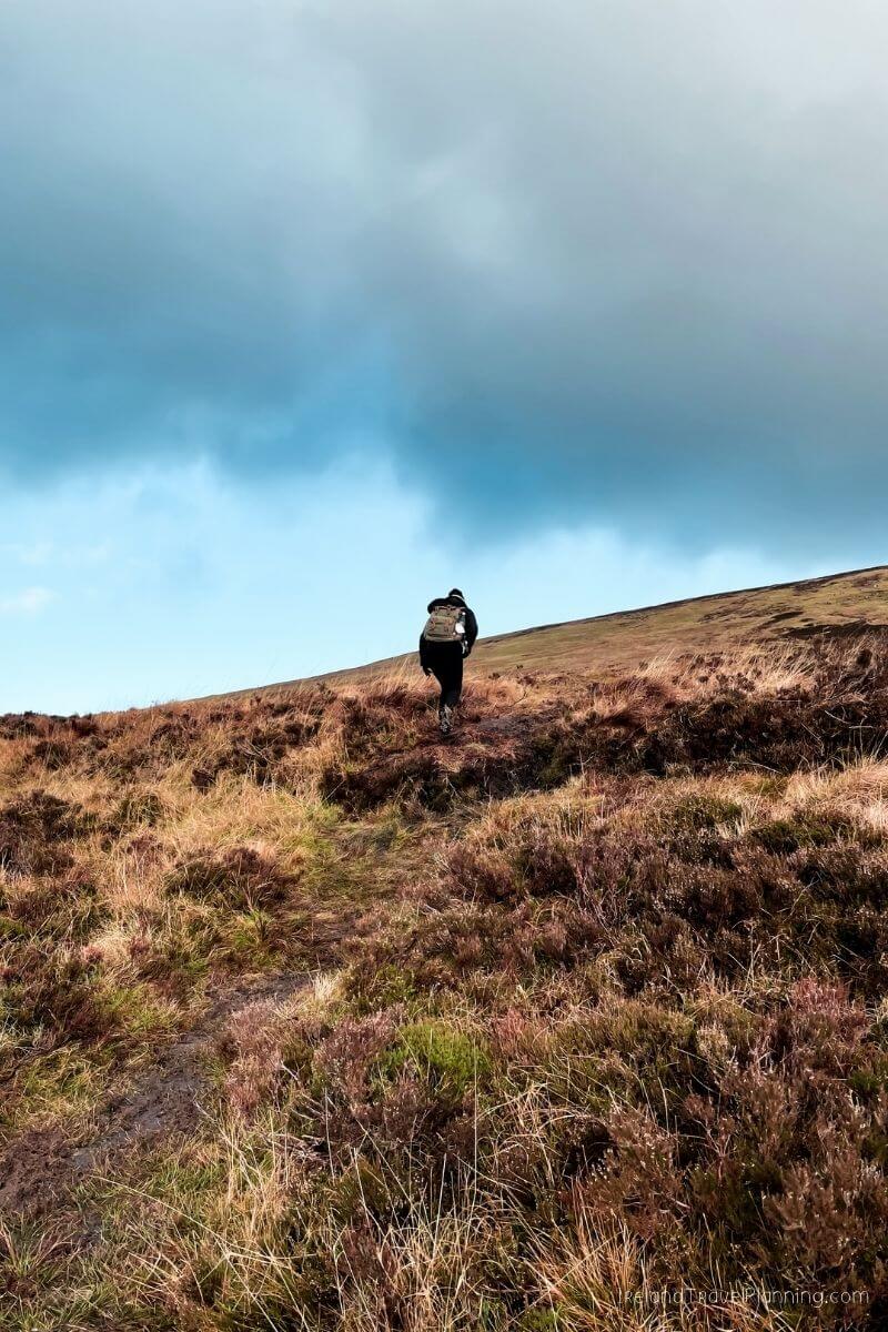 Hiker on a trail in the Irish countryside, under a cloudy sky.
