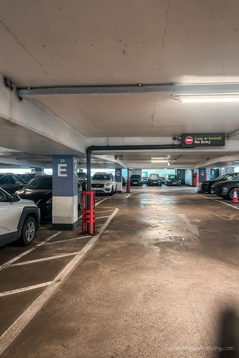 Cars parked in a multi-level car park in Ireland. No Entry sign.