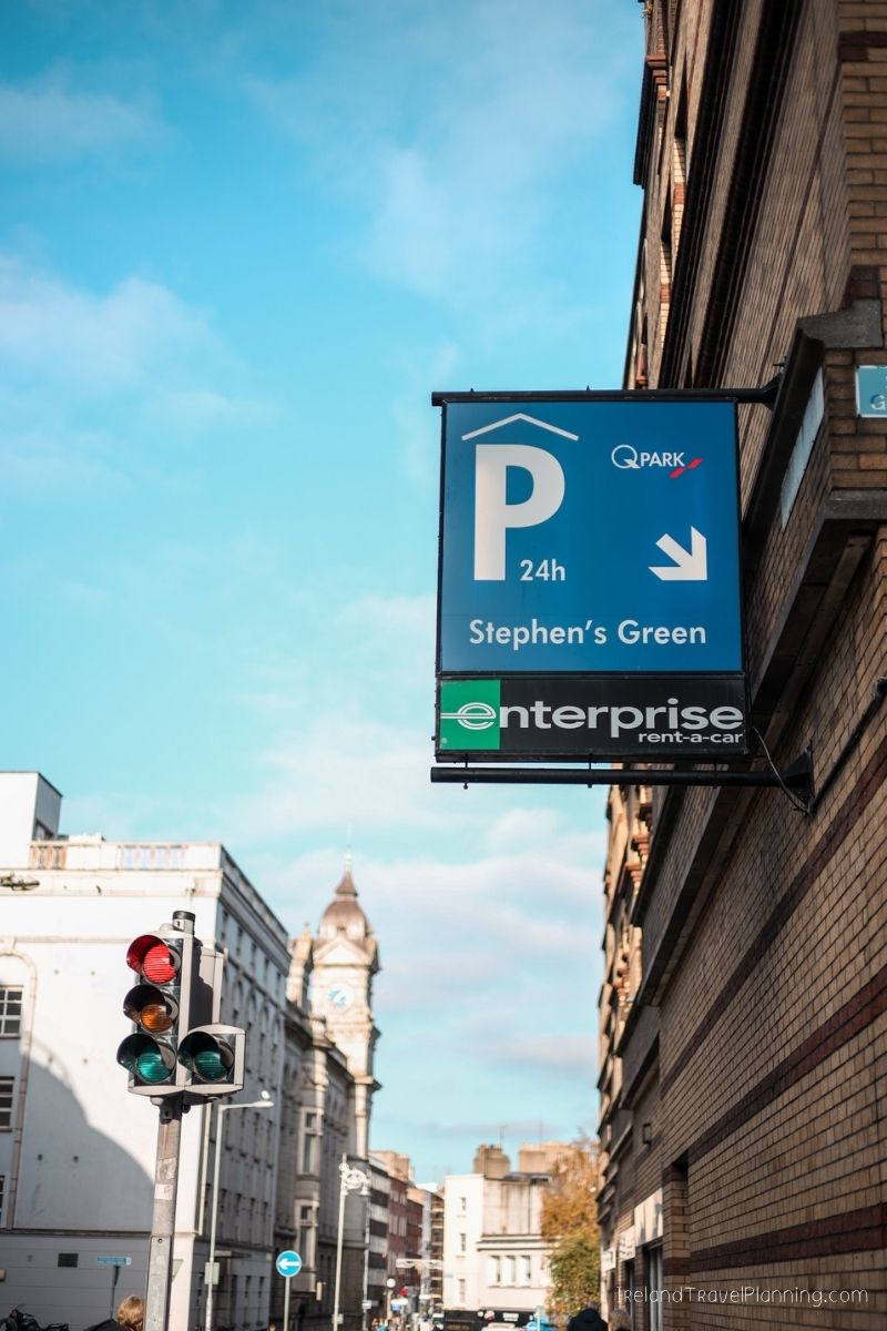 Q-Park Stephen's Green parking sign with Enterprise Rent-a-car logo, Dublin