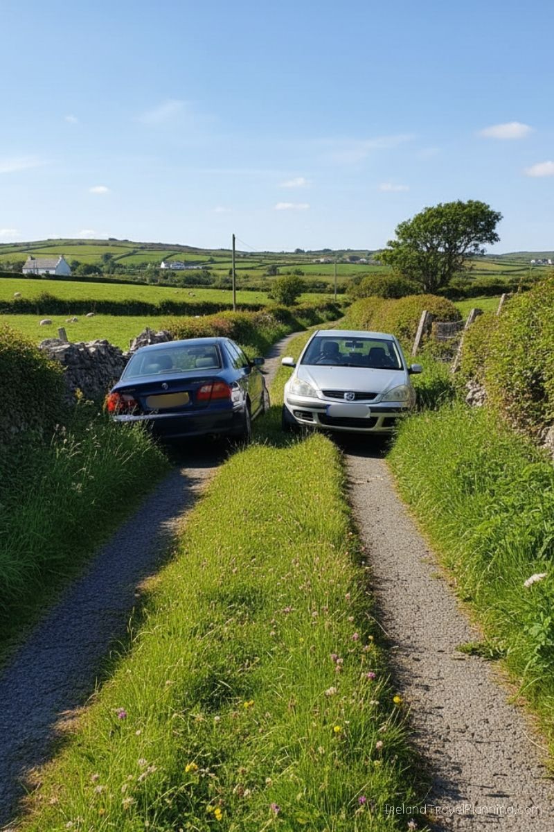 Two cars parked on a gravel road in the Irish countryside