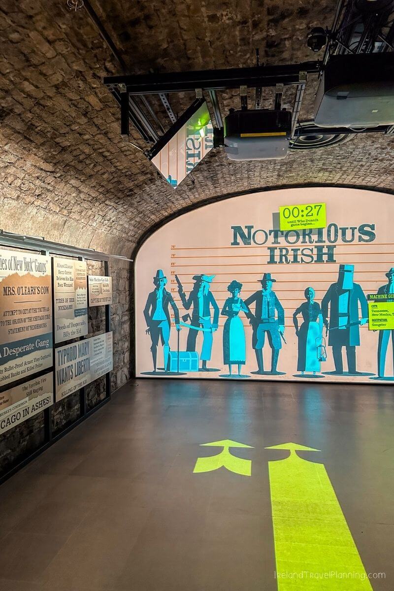 Notorious Irish criminals exhibit with height chart and newspaper clippings