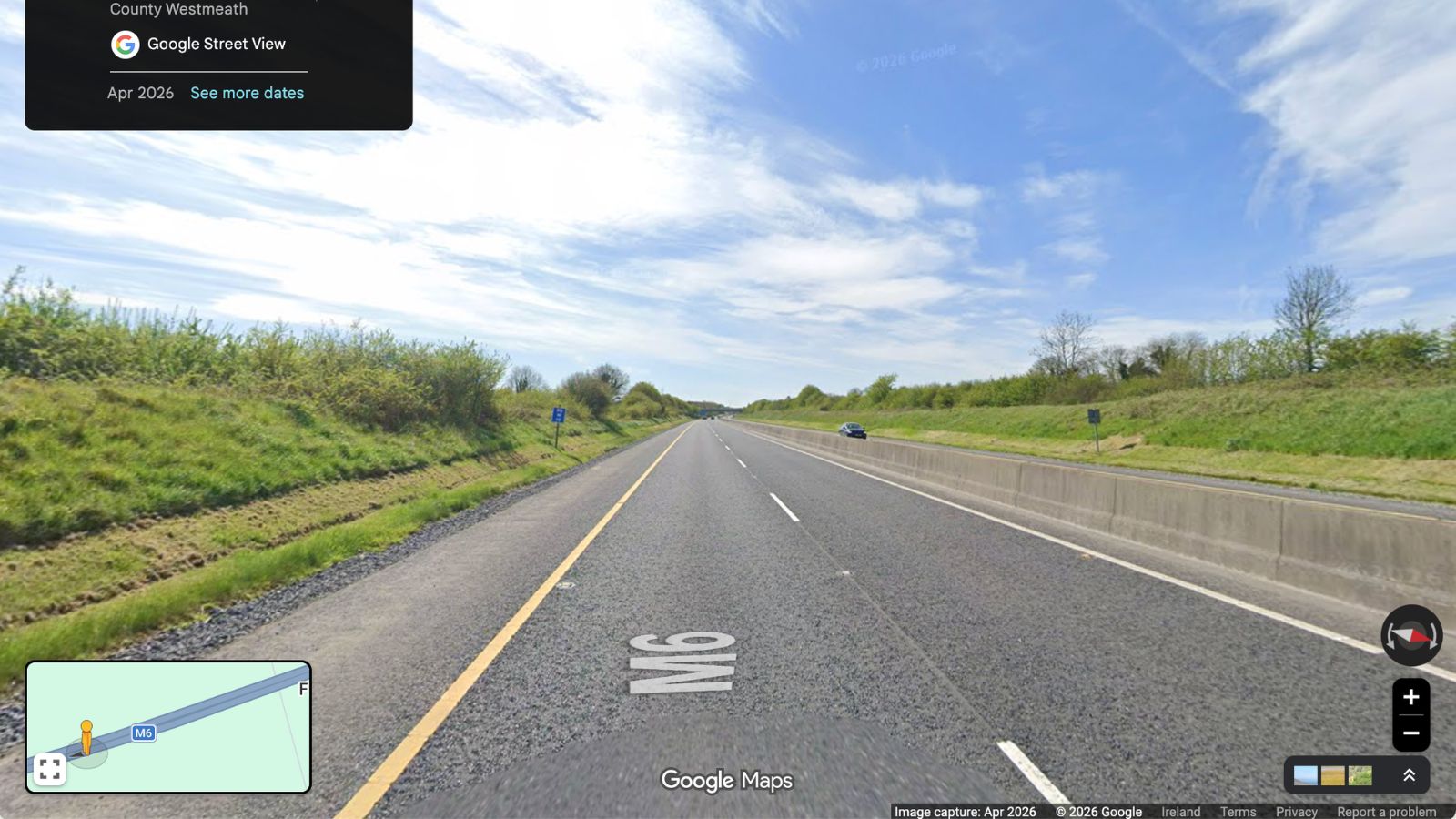 M6 motorway in Ireland, suggesting car rental is a viable option for travel.