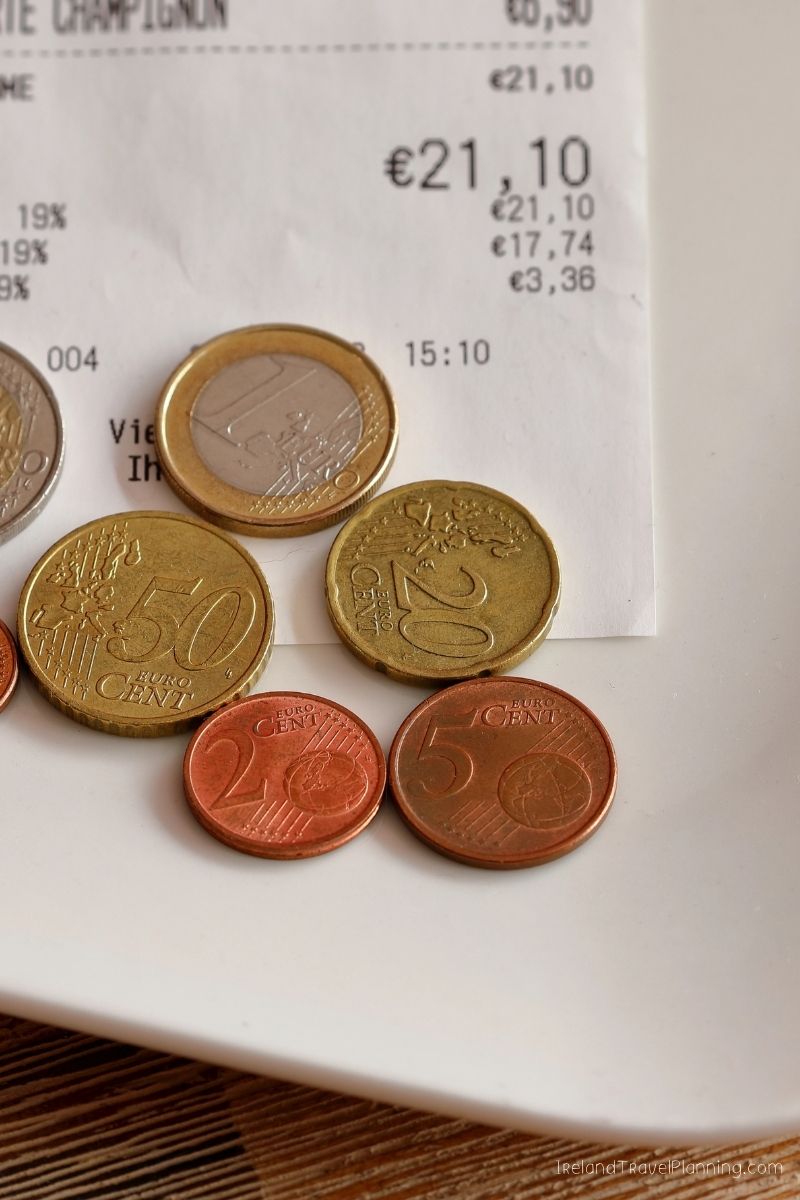 Euro coins and receipt showing €21.10 total cost