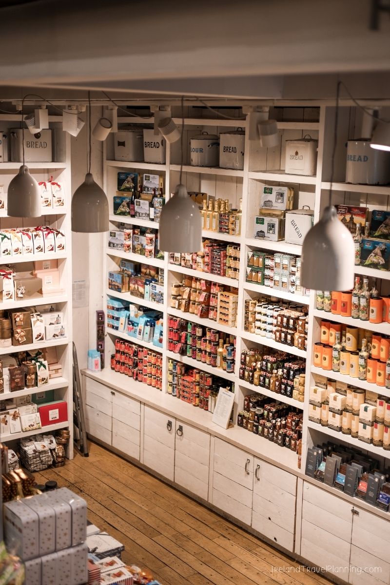 Ireland food store shelves stocked with bread, flour, and other goods.
