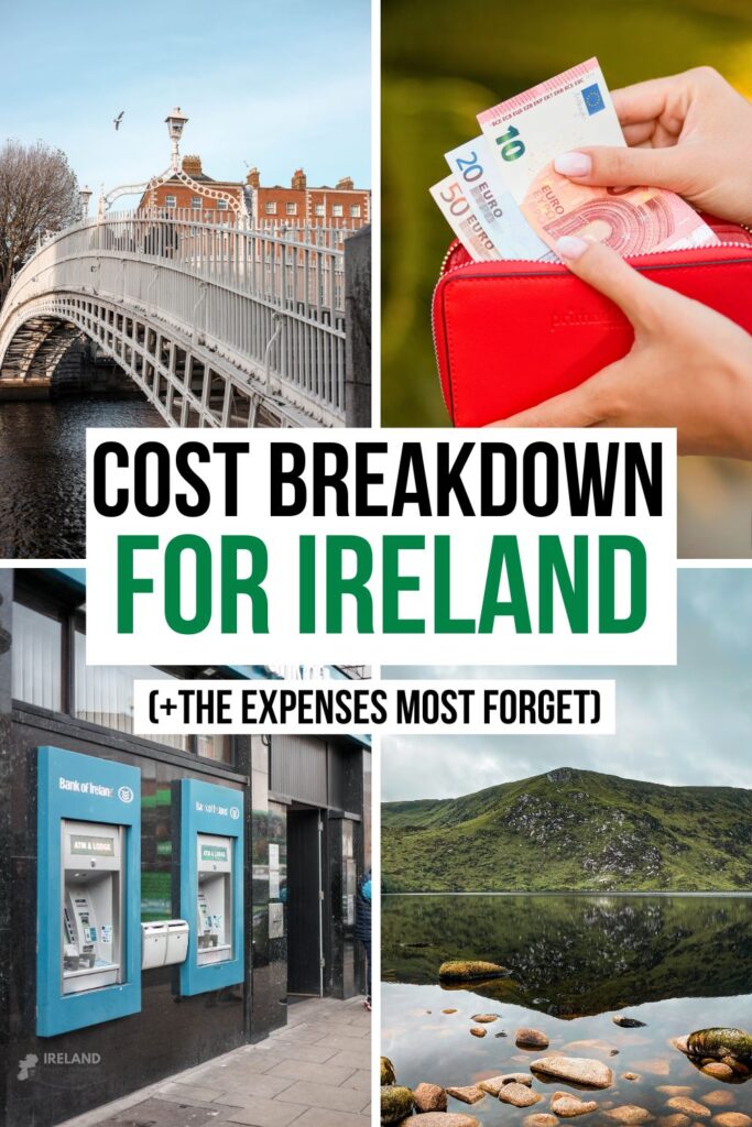 Cost breakdown for a trip to Ireland: Ha'penny Bridge, Euros, ATMs, and a lake