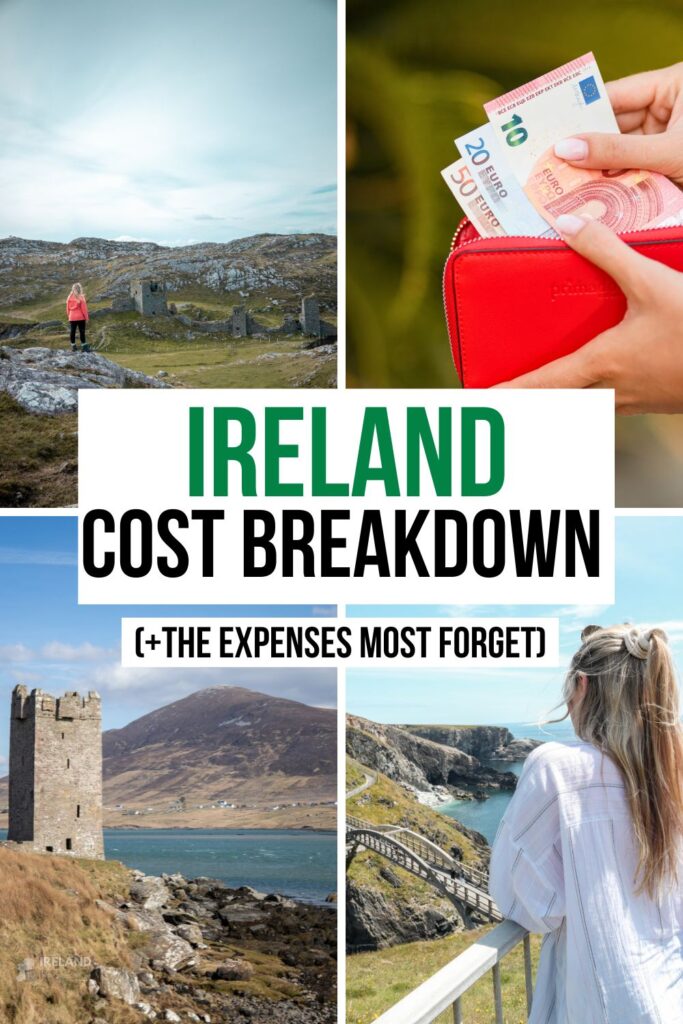 Ireland cost breakdown: trip to Ireland cost with castle ruins, cash, and coastline views.
