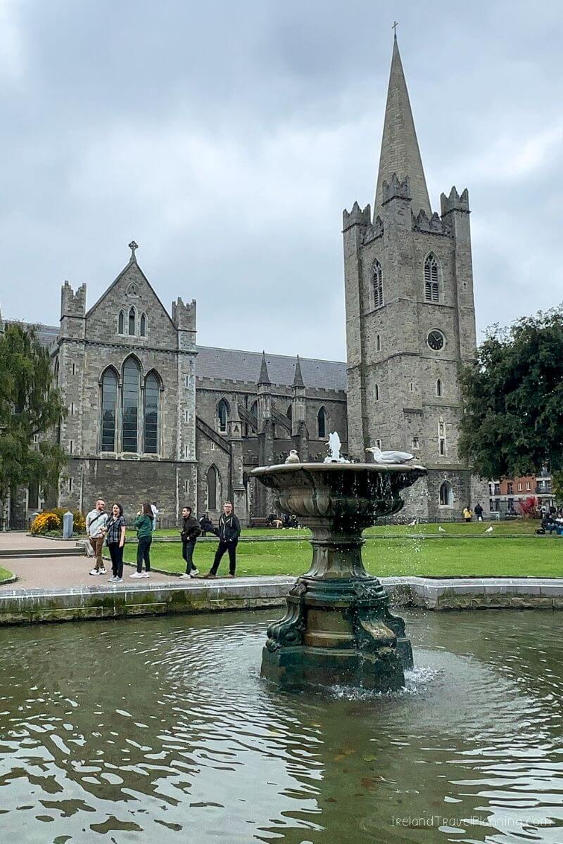 St. Patrick's Cathedral Dublin with a fountain in the foreground.