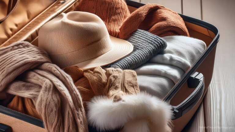 Winter travel packing: cozy sweaters, hats, and gloves in a suitcase.