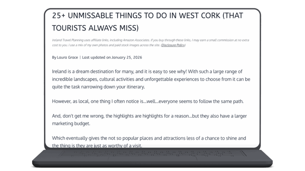 Laptop displaying blog post title "25+ Unmissable Things to Do in West Cork