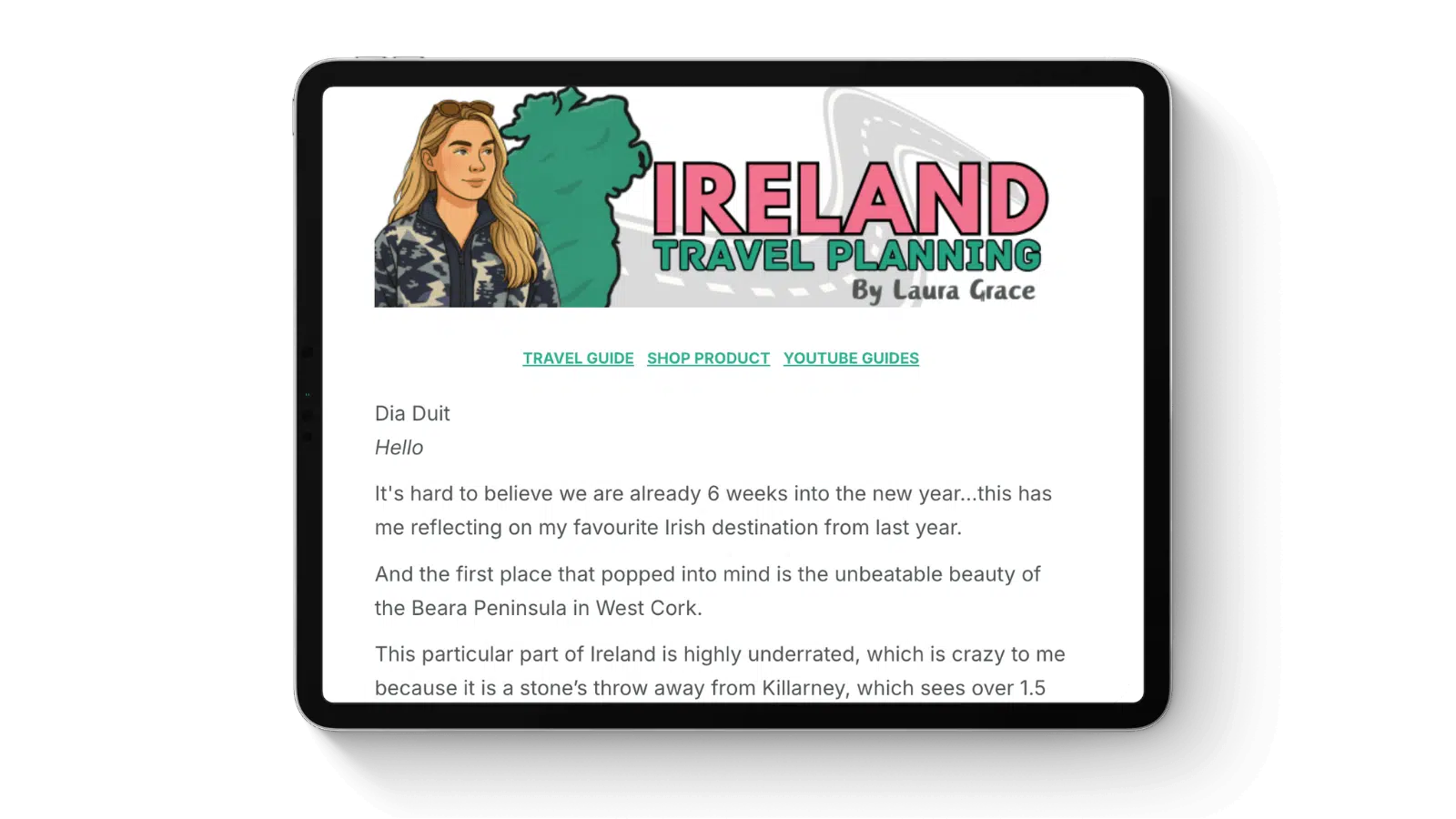 Ireland Travel Planning by Laura Grace, featuring a woman and the map of Ireland.