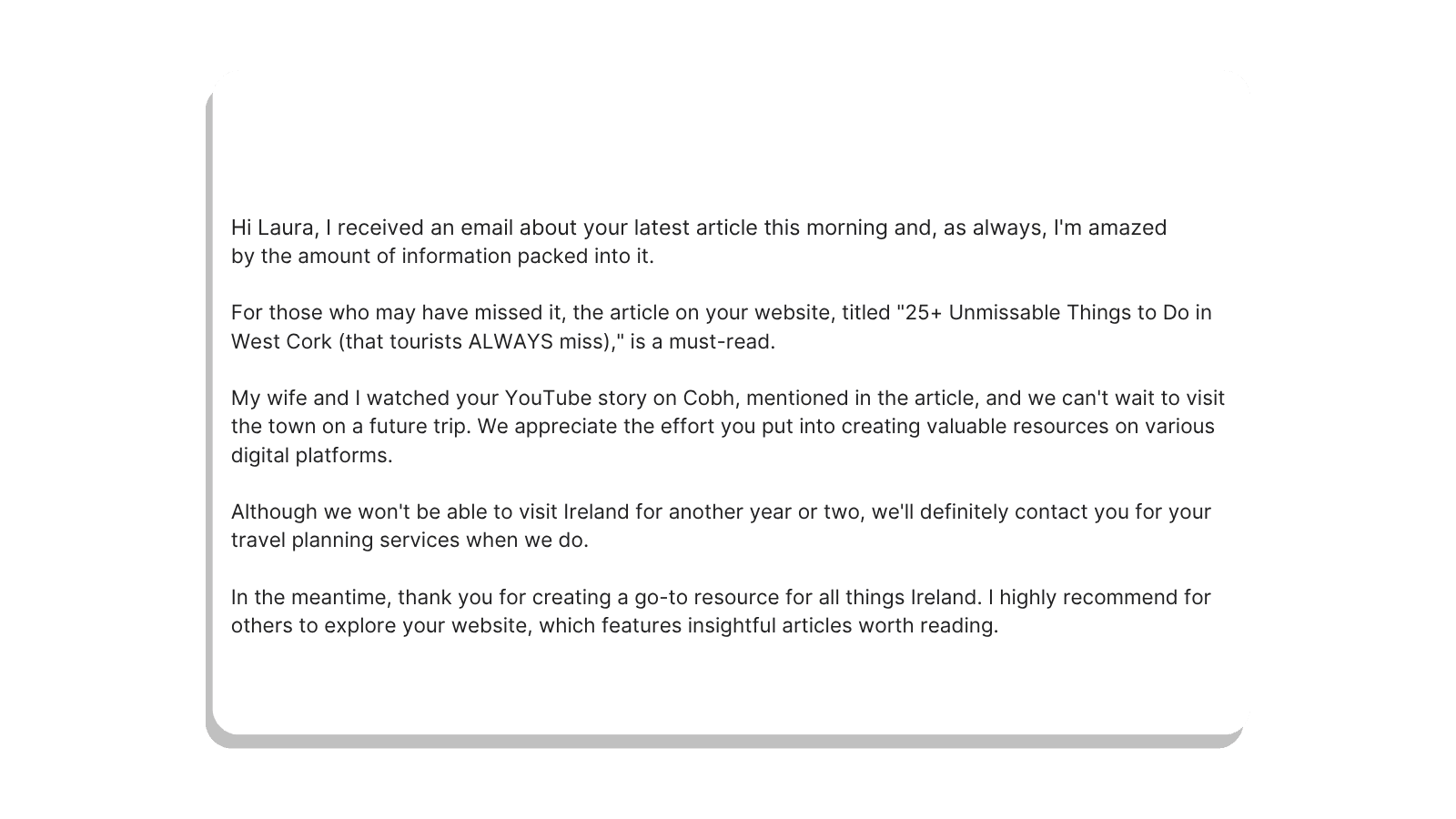 Email from Laura about Ireland travel article and YouTube video