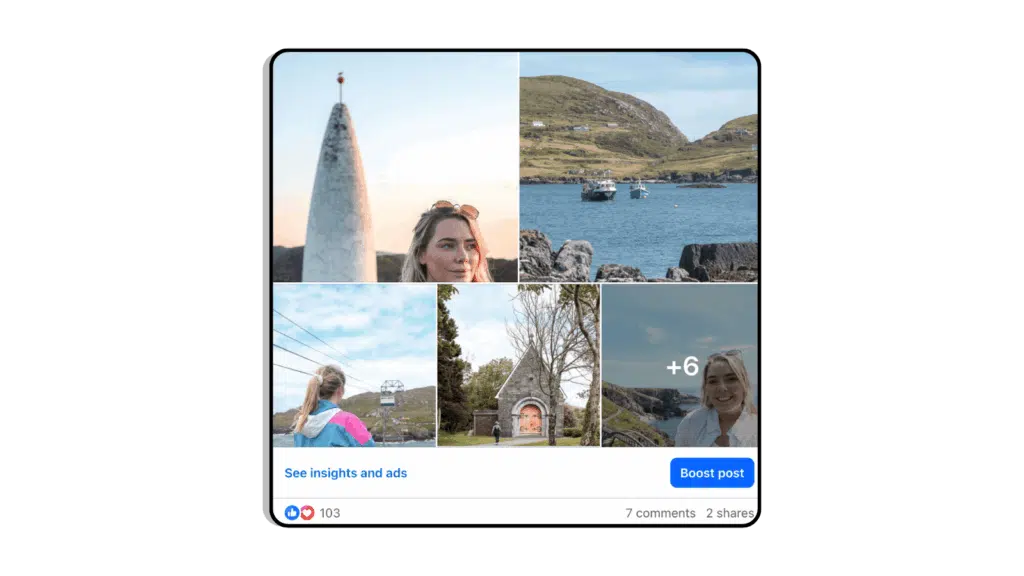 Collage of Ireland travel photos: monument, coastal landscape, cable car, church, and smiling woman.