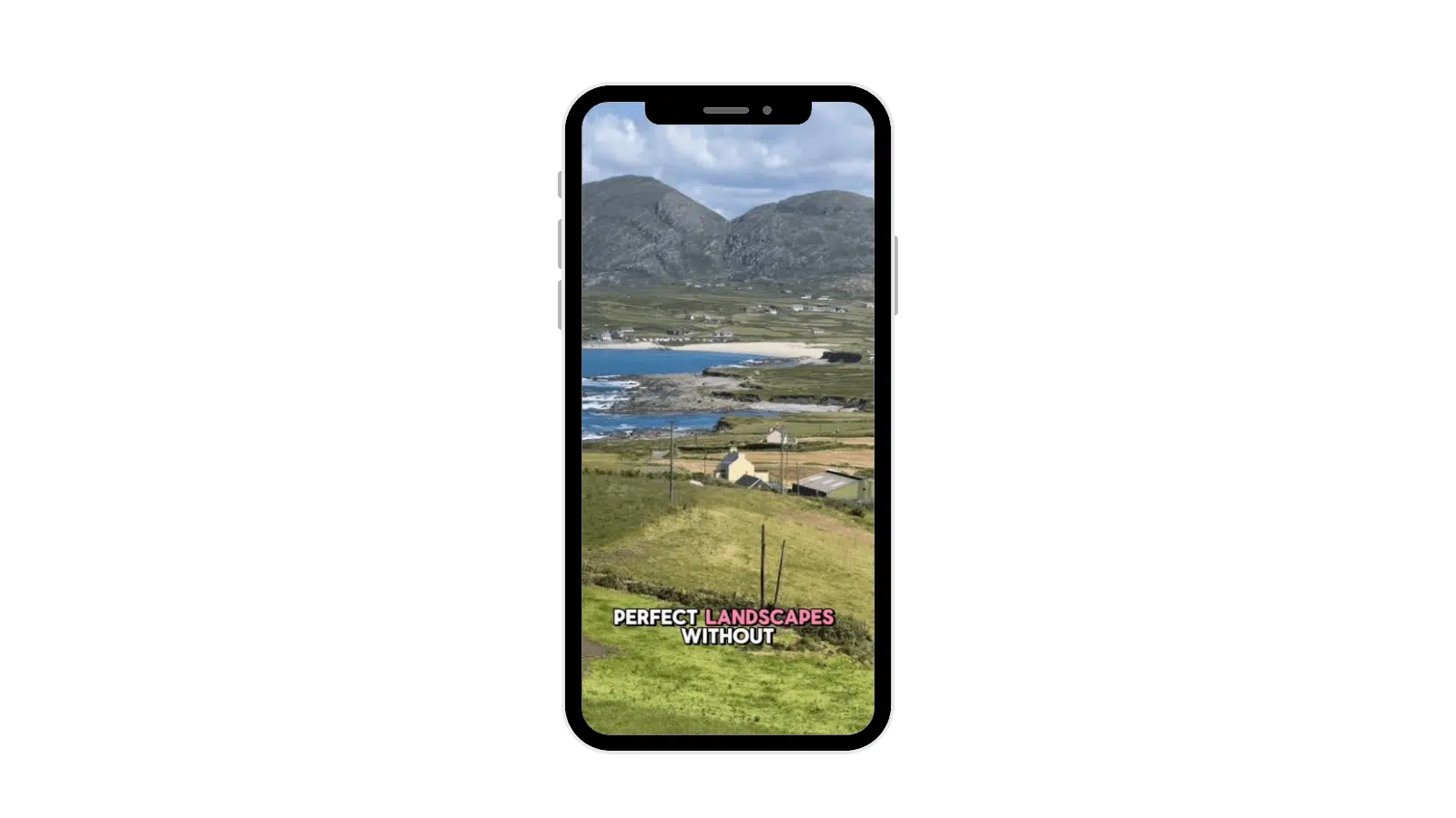 Scenic Irish landscape with rolling green hills, a coastal village, and mountains.