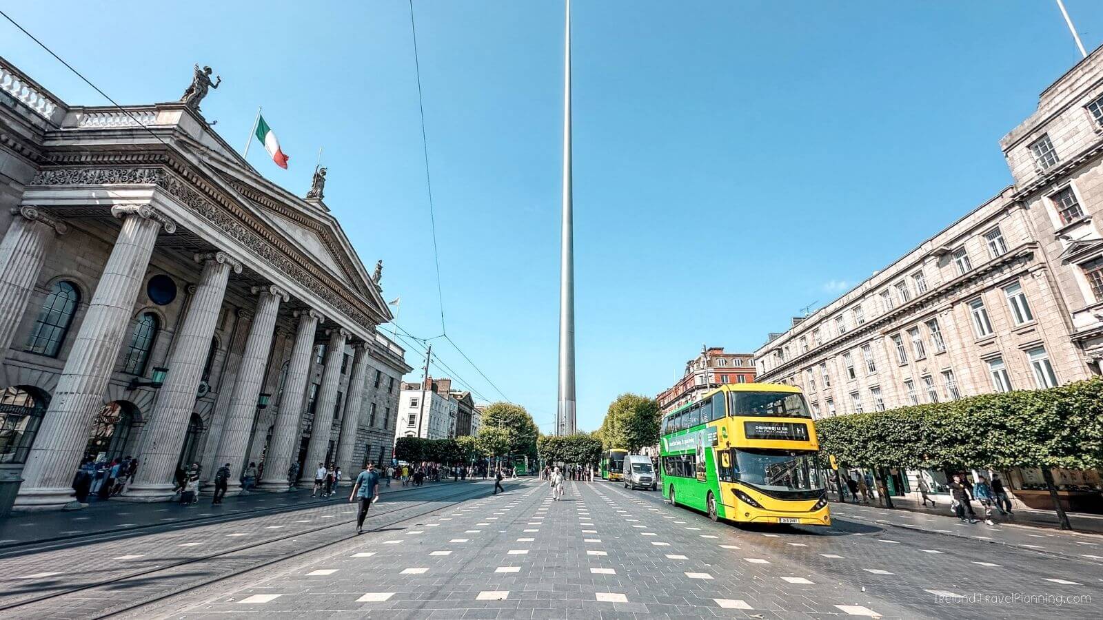 Spire of Dublin on O'Connell Street with a double-decker bus, a local's guide to Dublin.
