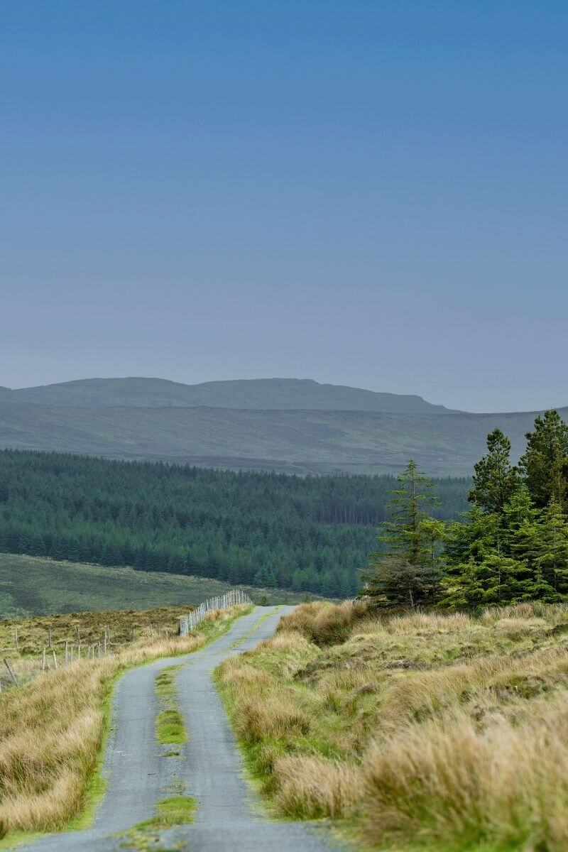 Winding road through Irish countryside with distant hills