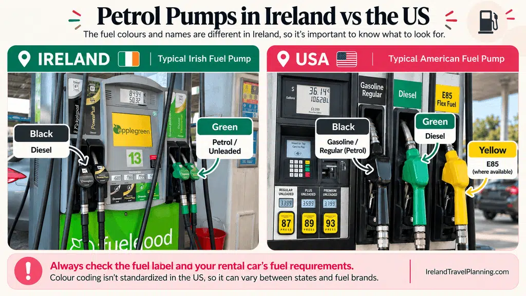 Petrol pumps in Ireland vs. US: Green for unleaded in Ireland, green for diesel in US.