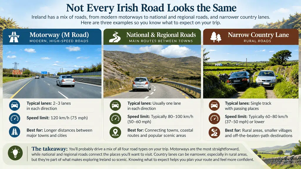 Three types of Irish roads: motorway, national/regional, and narrow country lane